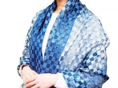 本藍染 市松刺繍ショール（絹100％）（天然灰汁醗酵建）