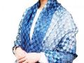 本藍染 市松刺繍ショール（絹100％）（天然灰汁醗酵建）